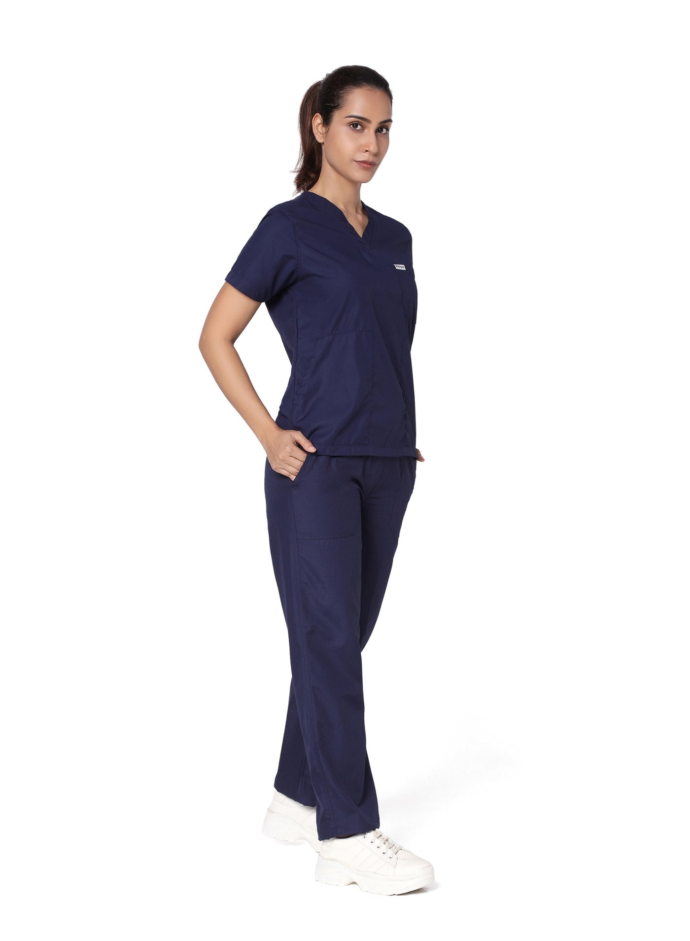 KNYA Classic Women's 5-Pocket New Gen Scrubsuit | V Neck | Flexibile & Comfortable Top & Bottom | Easily Accessible Pockets | Uniform for Doctors | Navy Blue